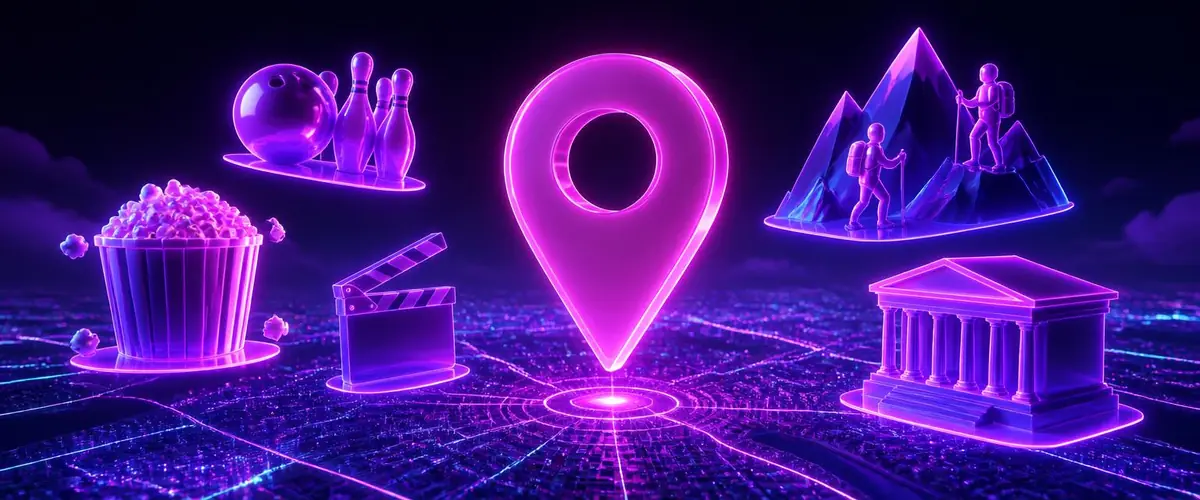 Map pins and activity icons floating over a neon city grid