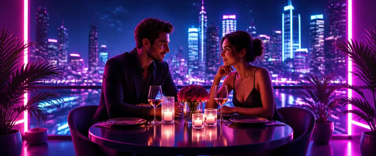 Romantic rooftop dinner table under violet city lights
