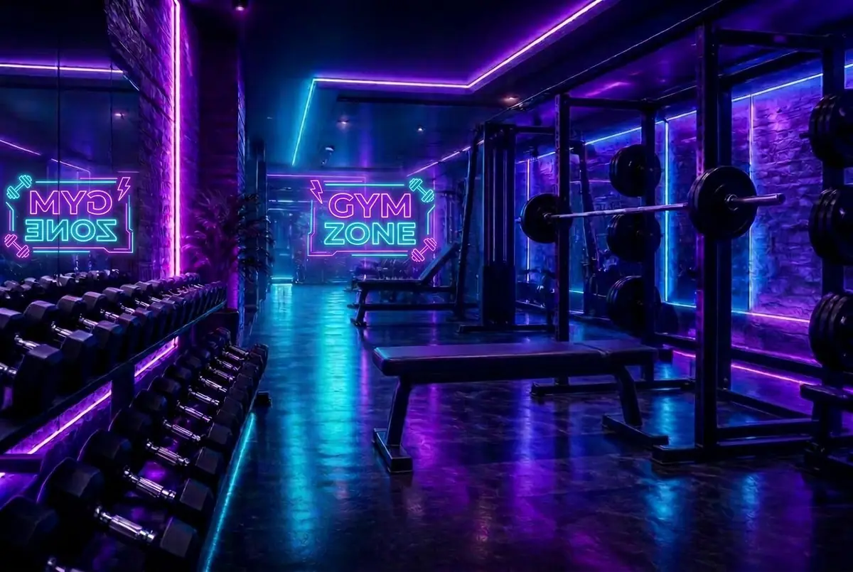 Neon gym with weights, ice bath and recovery lounge chairs