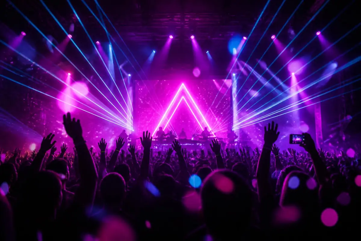 Neon concert crowd with violet stage lights and cyan lasers