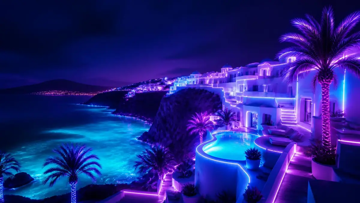 Coastal holiday view at sunset with neon violet sky
